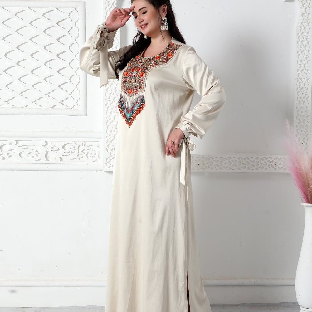 Designer Wear Jalabiya With Multicoloured Tassels And Embroidery
