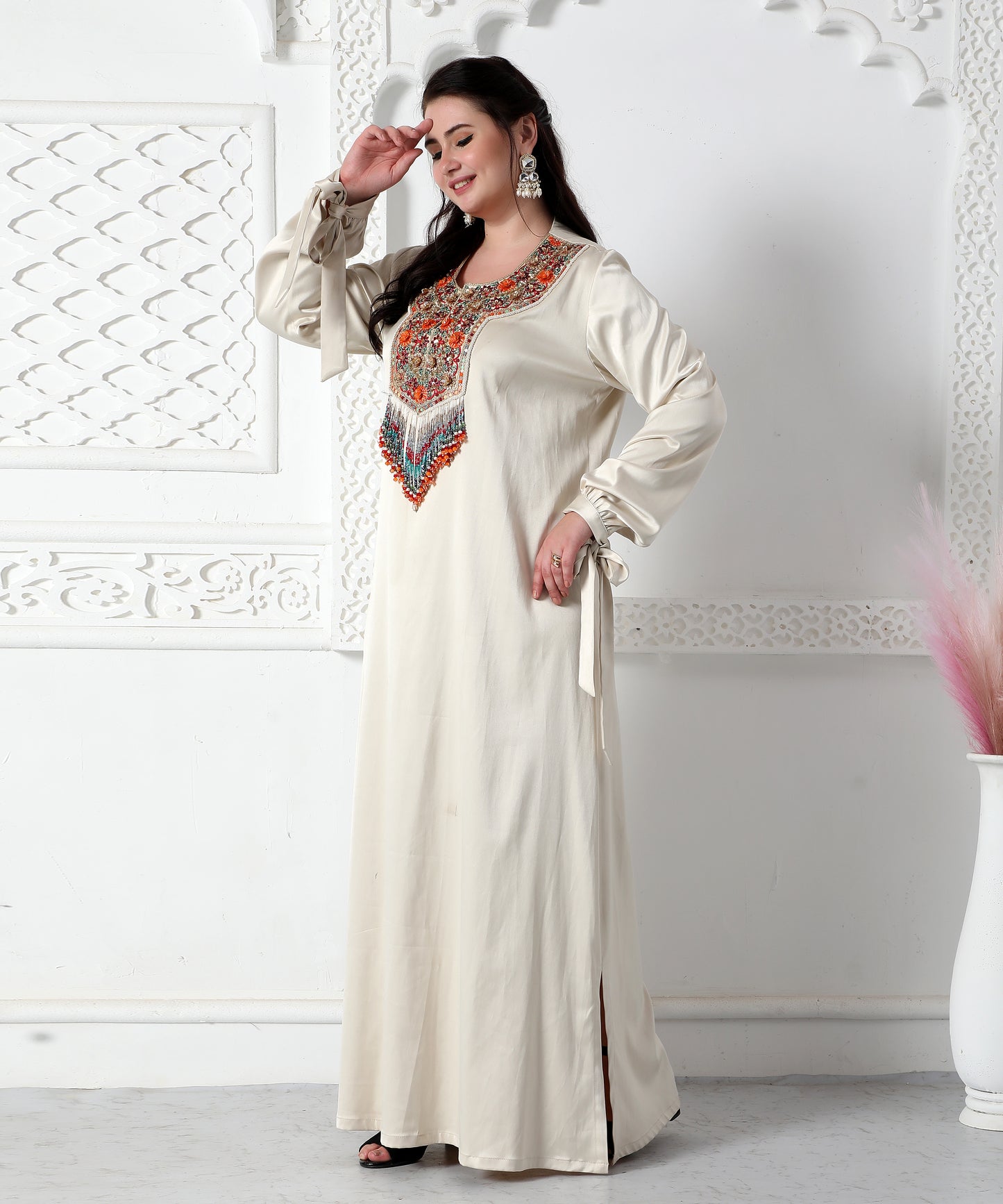 Designer Wear Jalabiya With Multicoloured Tassels And Embroidery