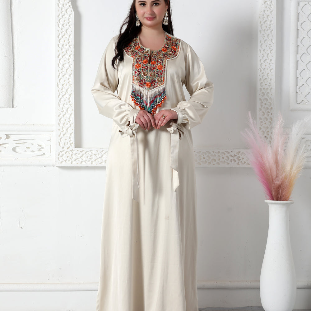 Designer Wear Jalabiya With Multicoloured Tassels And Embroidery