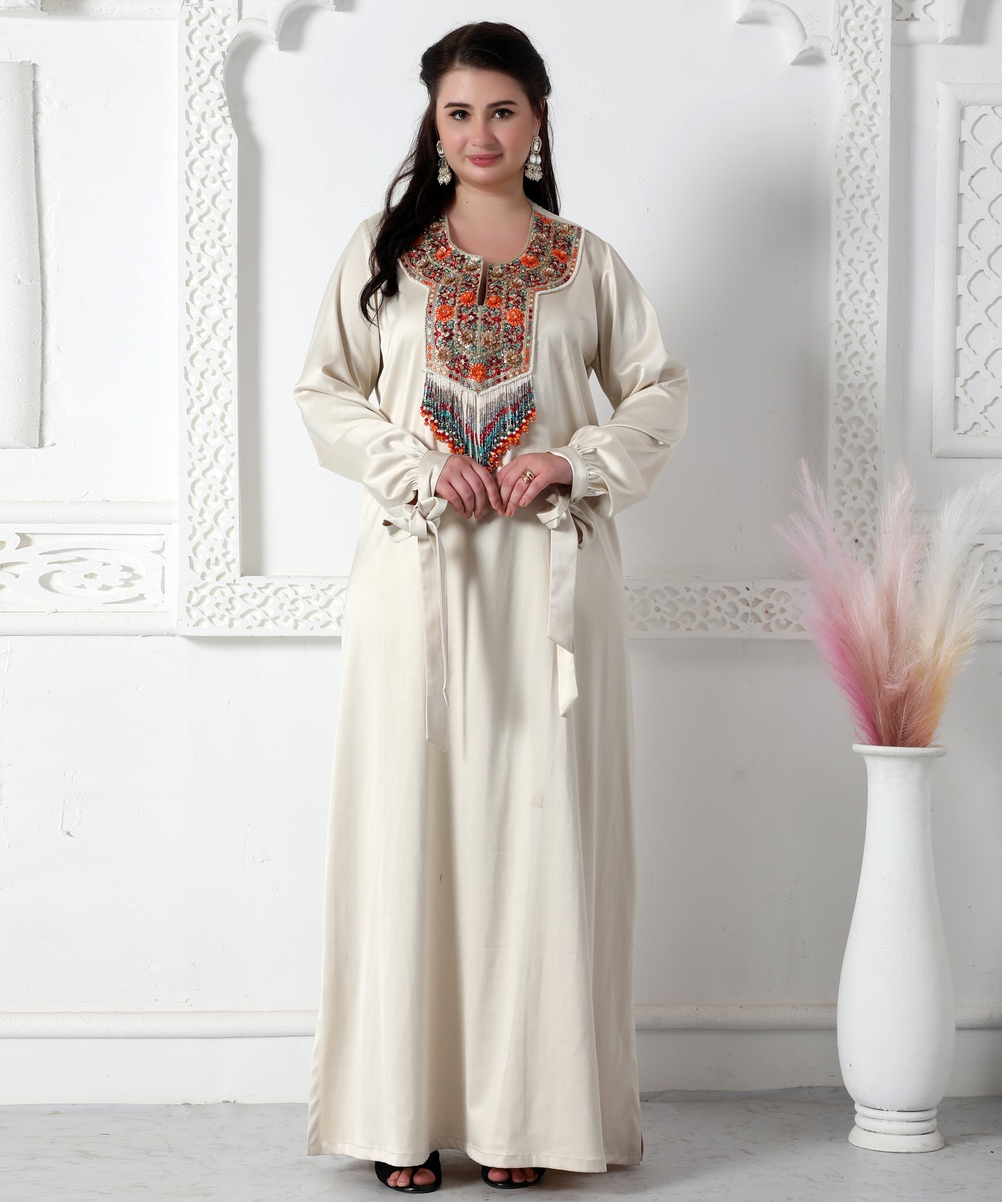 Designer Wear Jalabiya With Multicoloured Tassels And Embroidery