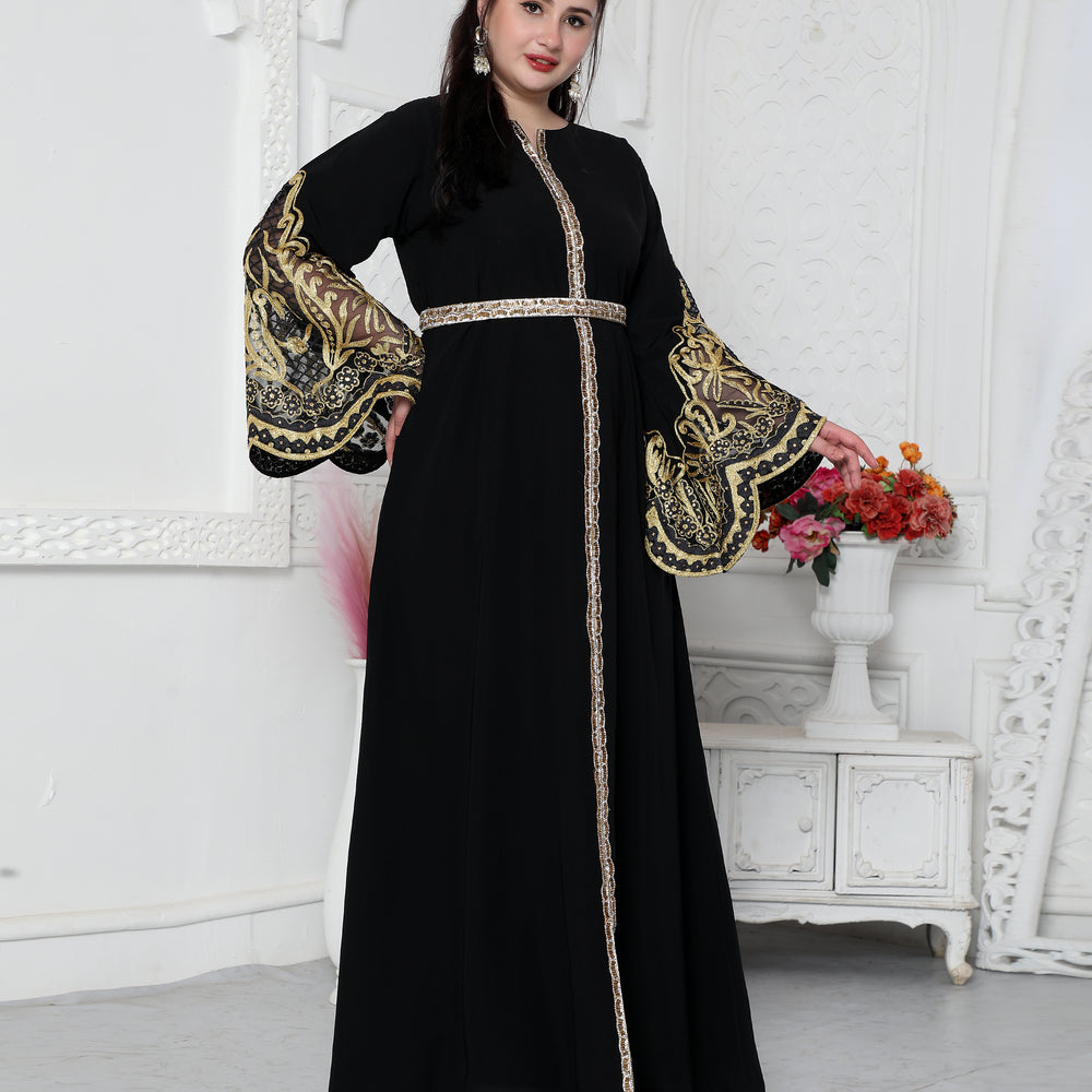 Big Flaired Sleeve Jalabiya With Golden Aari Embroidery