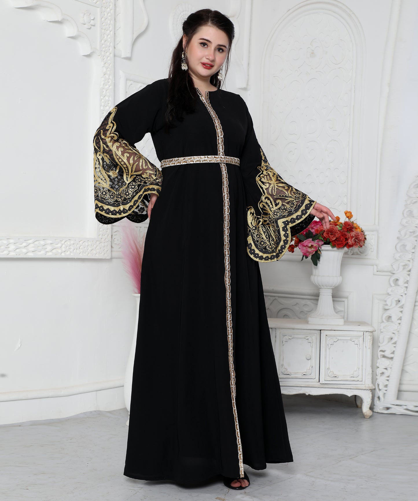 Big Flaired Sleeve Jalabiya With Golden Aari Embroidery