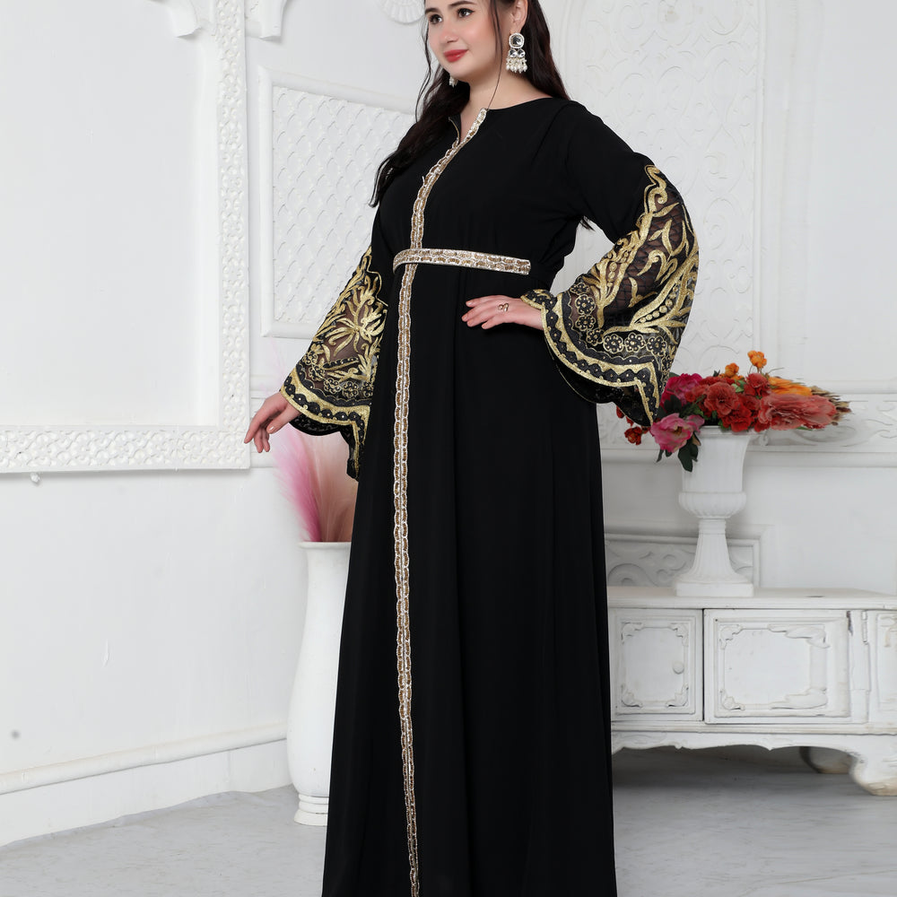
                  
                    Big Flaired Sleeve Jalabiya With Golden Aari Embroidery
                  
                