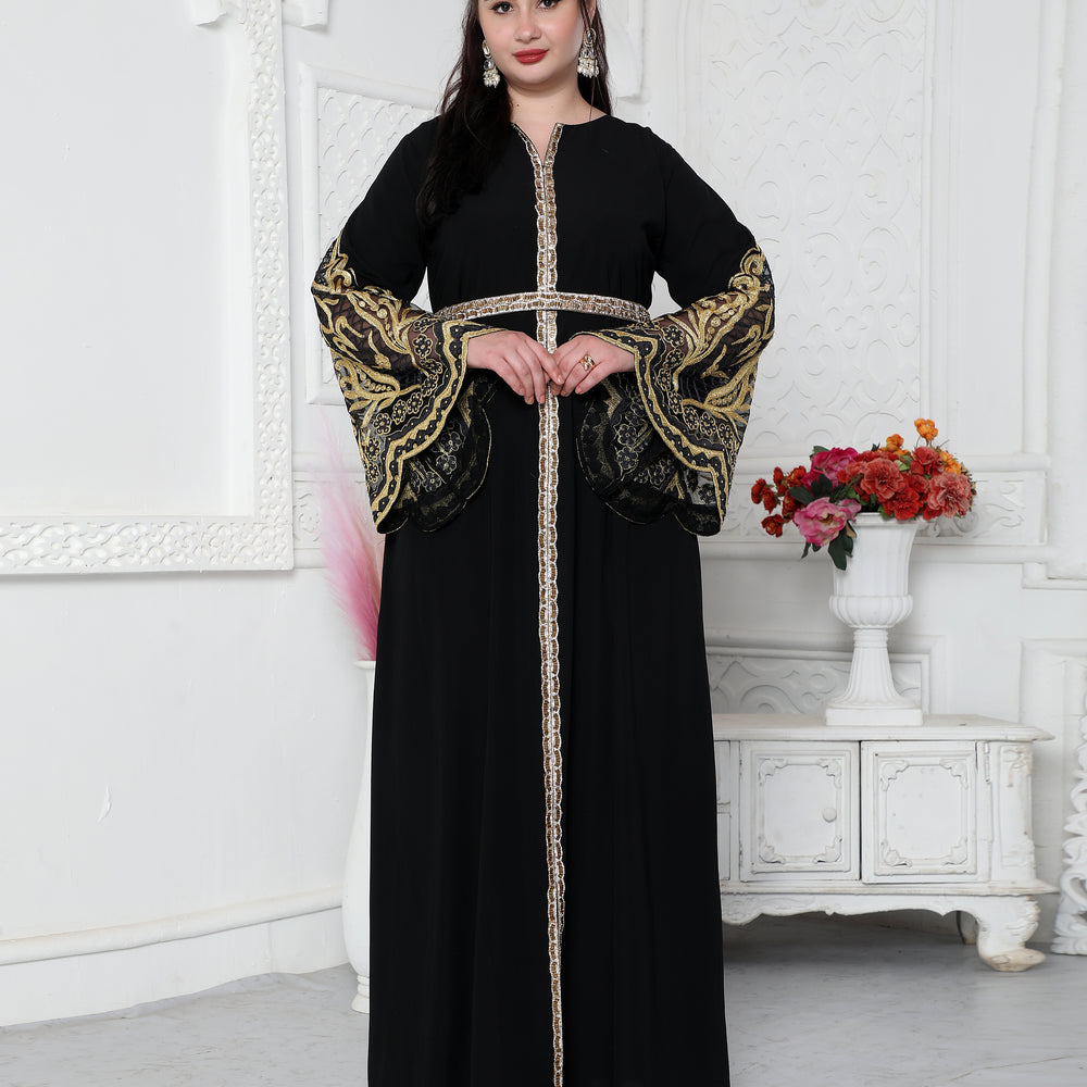 Big Flaired Sleeve Jalabiya With Golden Aari Embroidery