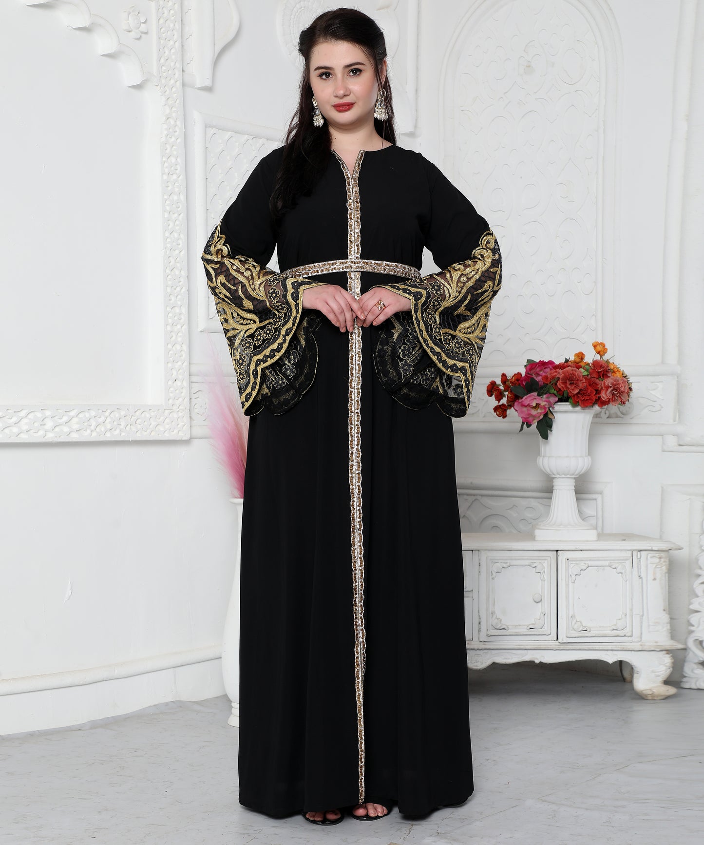 Big Flaired Sleeve Jalabiya With Golden Aari Embroidery