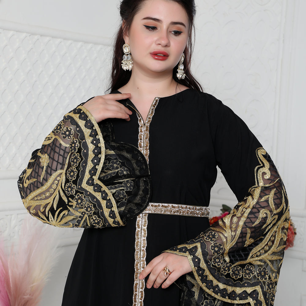 
                  
                    Big Flaired Sleeve Jalabiya With Golden Aari Embroidery
                  
                