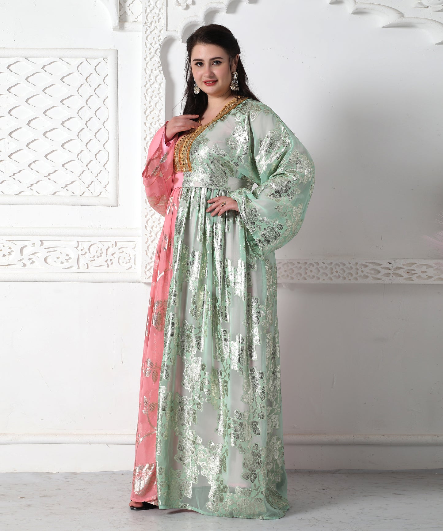 Designer-Wear Dual Tone Jalabiya Kaftan In Brasso