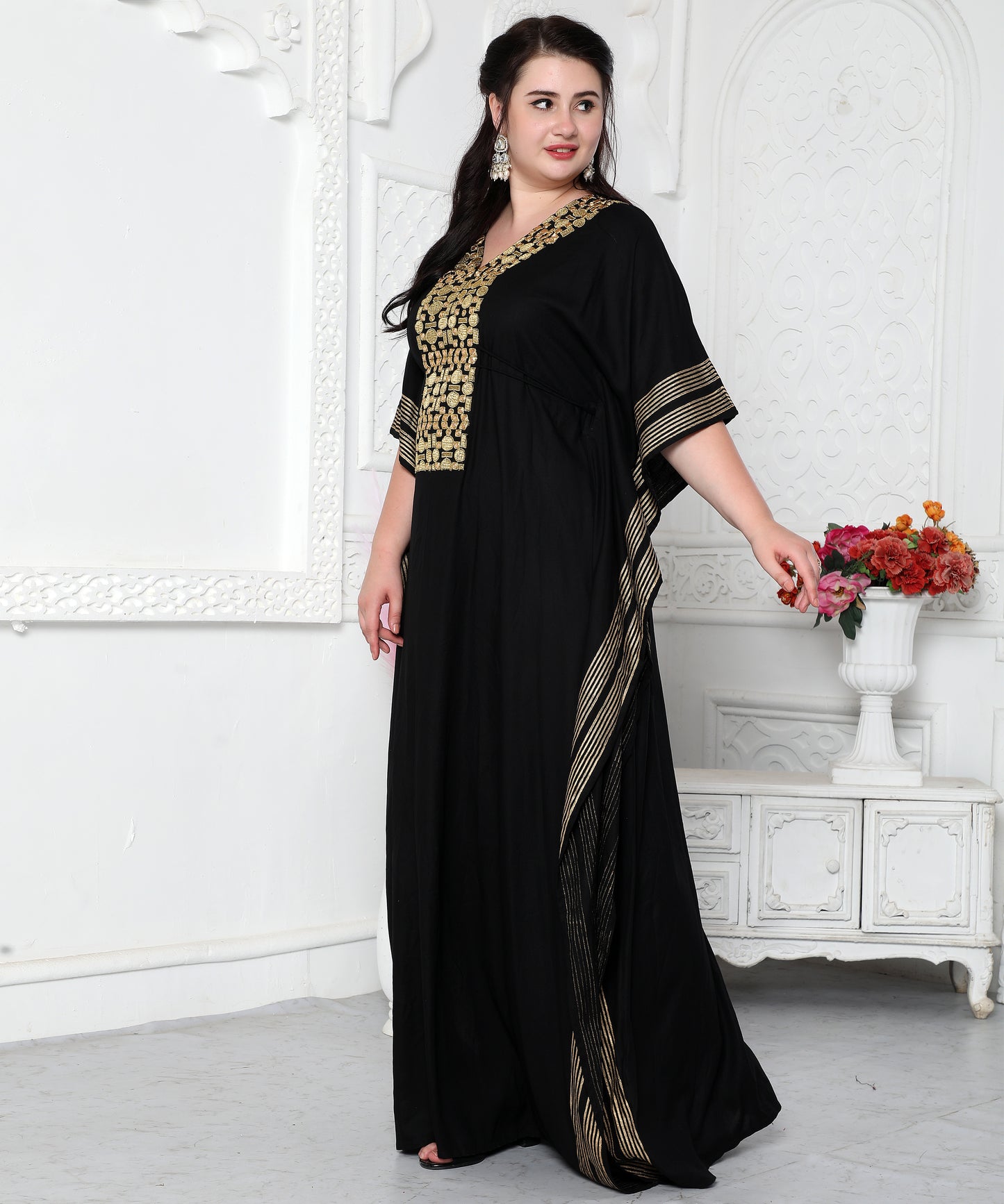 Gold Foil Boho Kaftan Dress With Block Print
