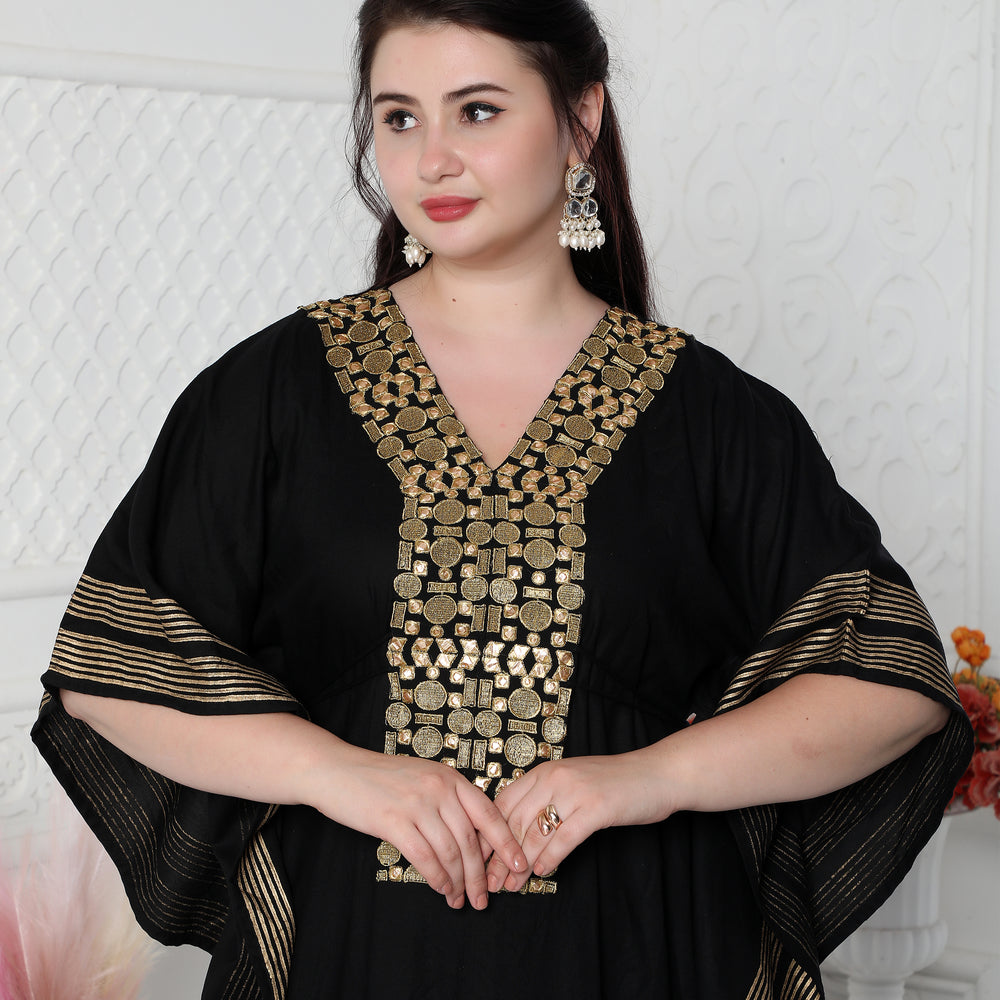 Gold Foil Boho Kaftan Dress With Block Print