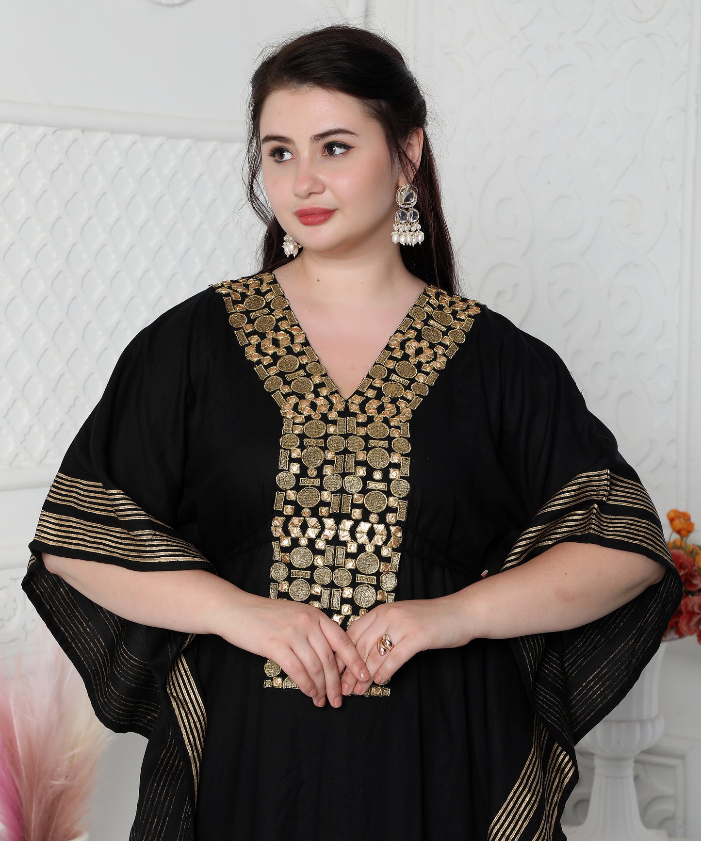 Gold Foil Boho Kaftan Dress With Block Print