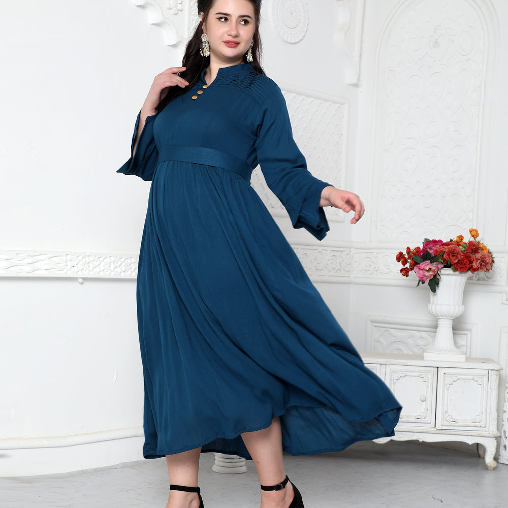 Pleated Partywear Dress With Golden Buttons