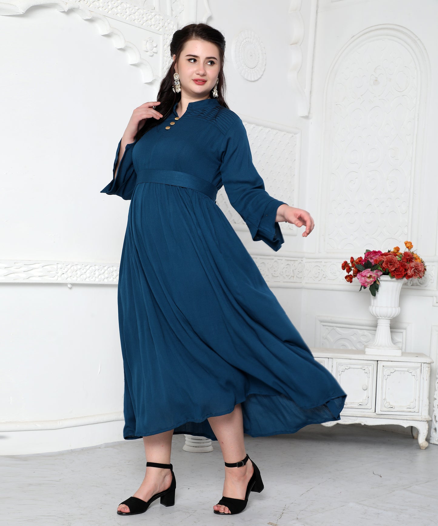 Pleated Partywear Dress With Golden Buttons