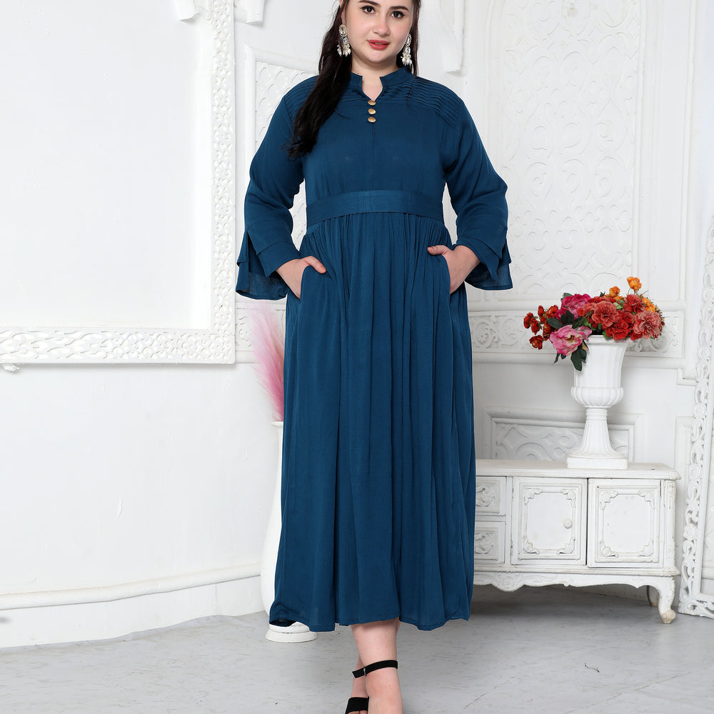 Pleated Partywear Dress With Golden Buttons