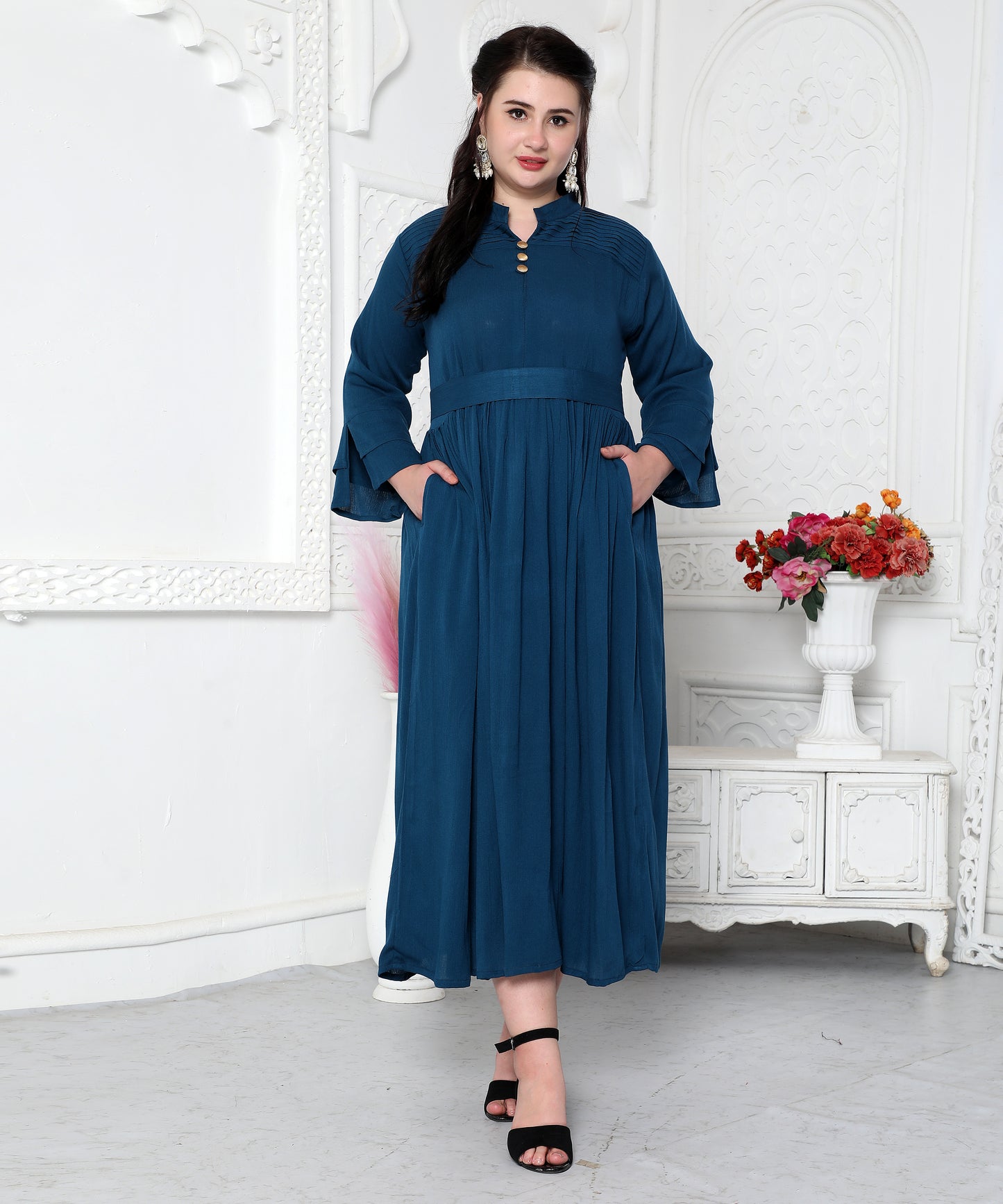 Pleated Partywear Dress With Golden Buttons