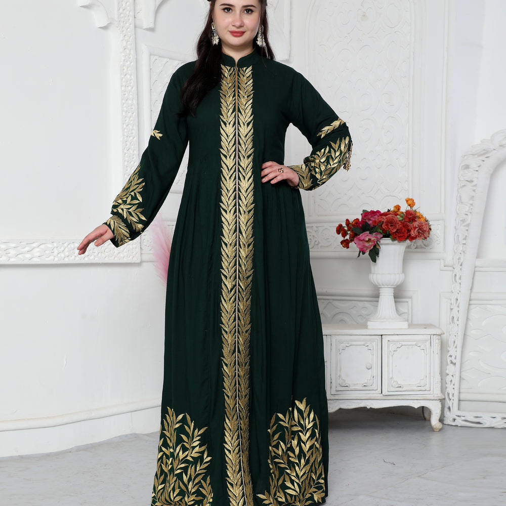 Jalabiya With Intricate Golden Leaf Embroidery And Tassels