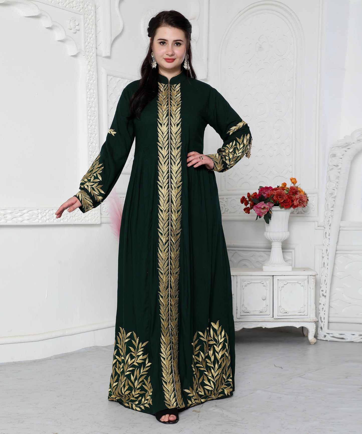 Jalabiya With Intricate Golden Leaf Embroidery And Tassels