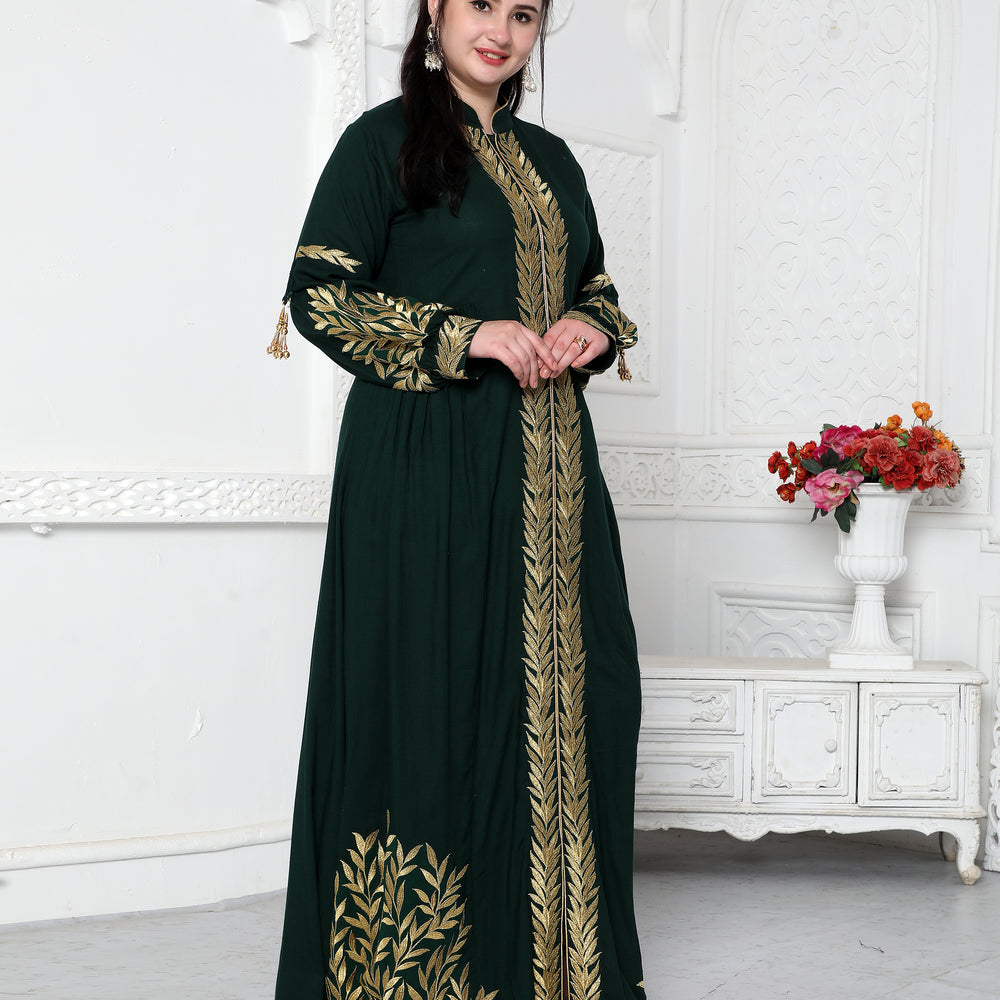 Jalabiya With Intricate Golden Leaf Embroidery And Tassels