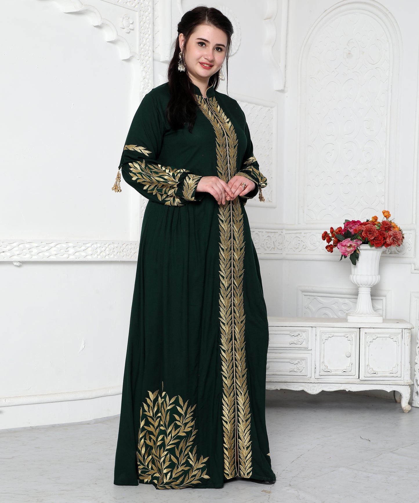 Jalabiya With Intricate Golden Leaf Embroidery And Tassels