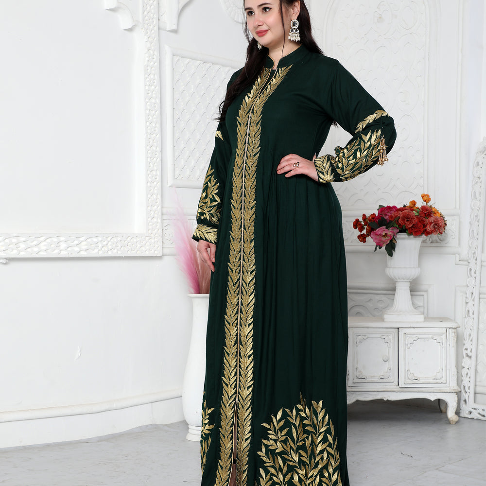 
                  
                    Jalabiya With Intricate Golden Leaf Embroidery And Tassels
                  
                