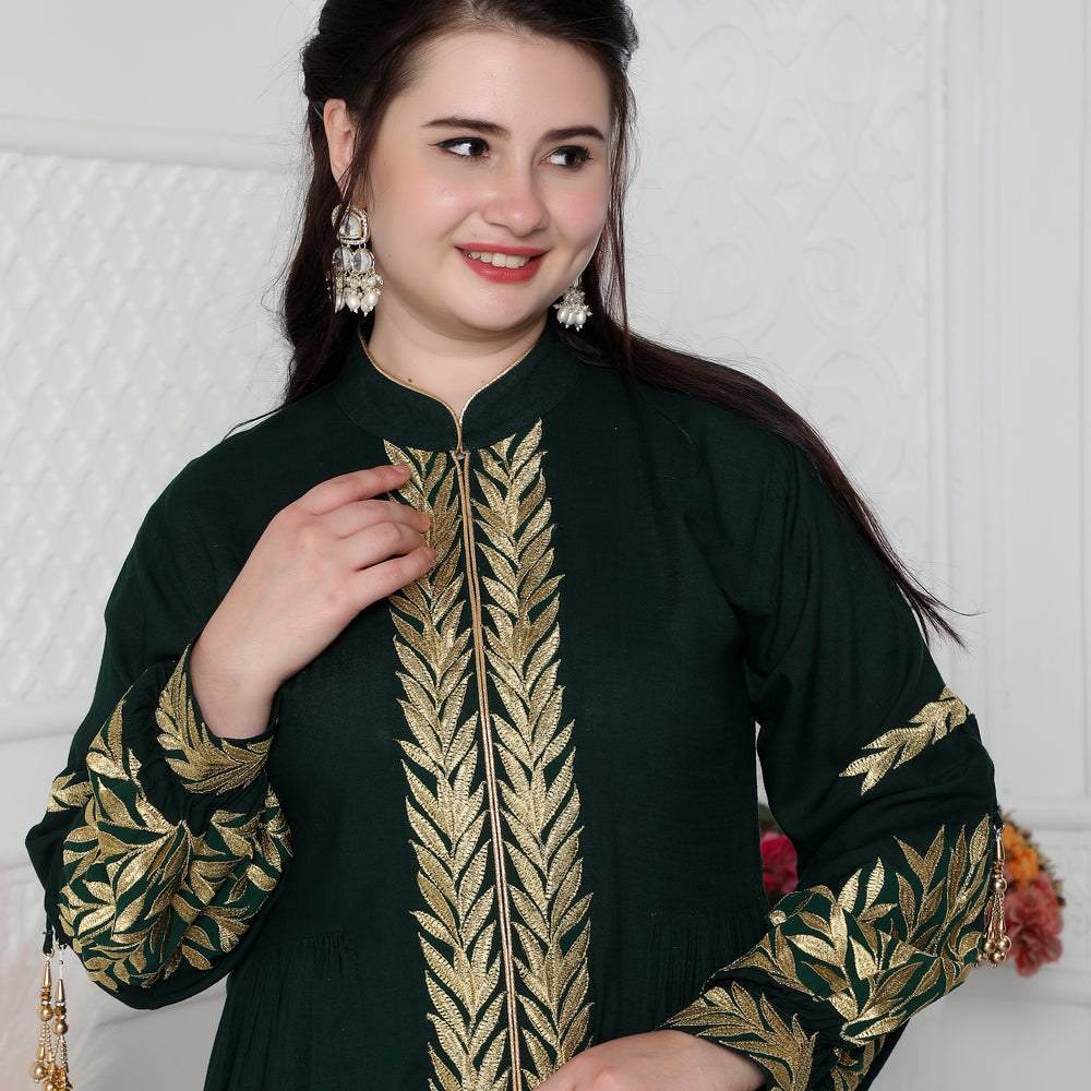 
                  
                    Jalabiya With Intricate Golden Leaf Embroidery And Tassels
                  
                