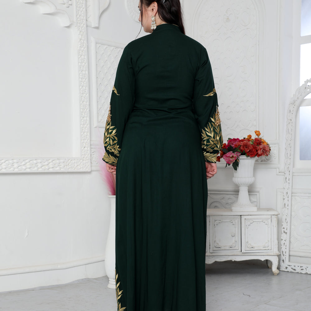 
                  
                    Jalabiya With Intricate Golden Leaf Embroidery And Tassels
                  
                
