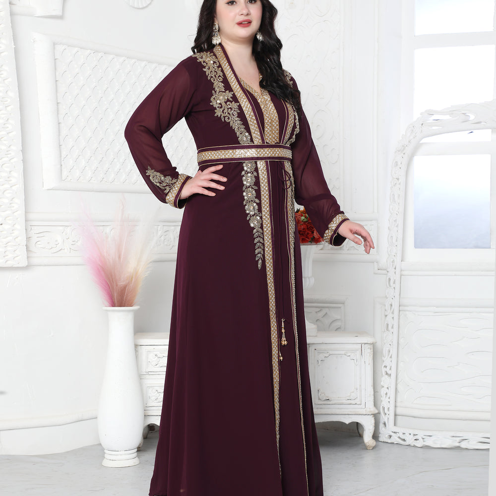 Floral Pattern Golden Hand Embellished Kaftan Dress