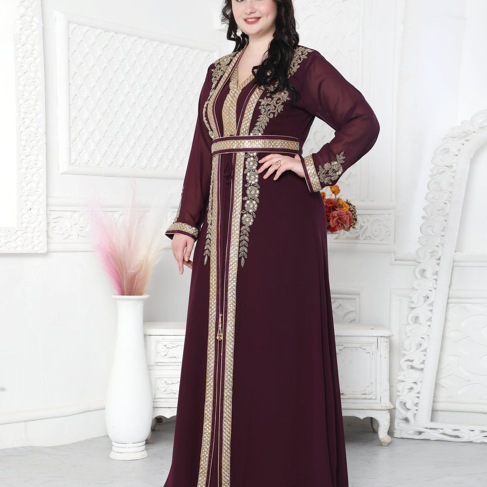 Floral Pattern Golden Hand Embellished Kaftan Dress