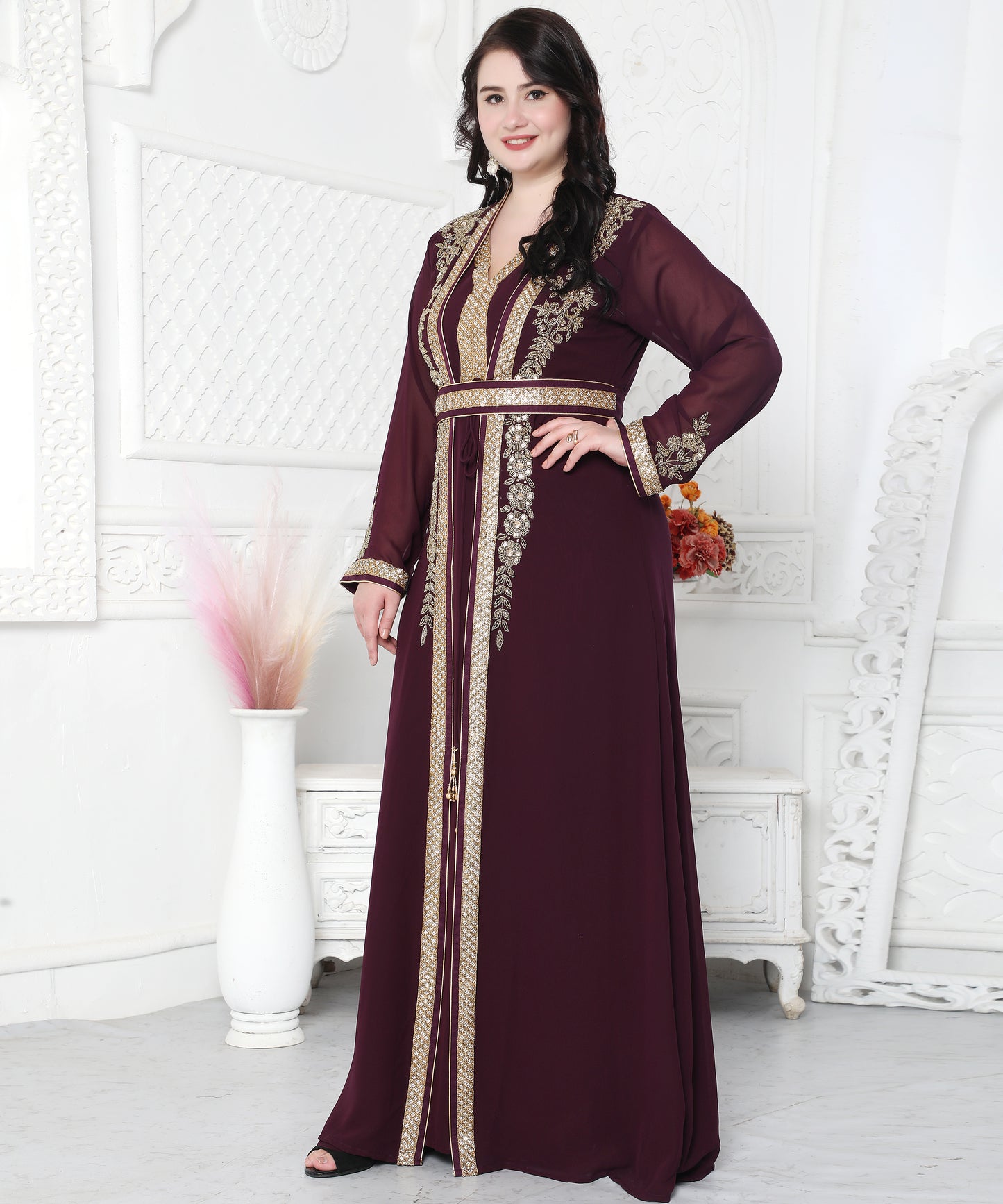 Floral Pattern Golden Hand Embellished Kaftan Dress
