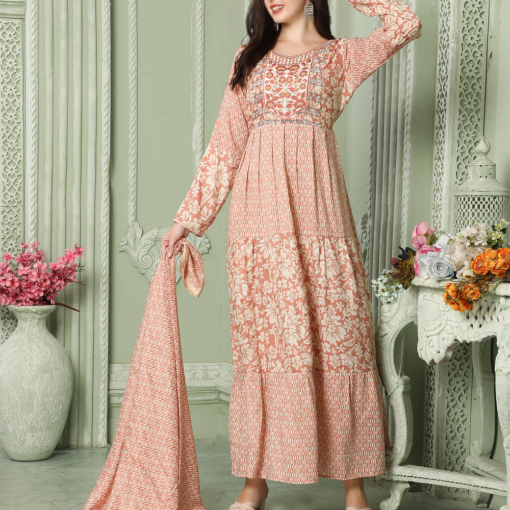 Designer-wear Flaired Farasha Dress With Block Pattern And Embroidery