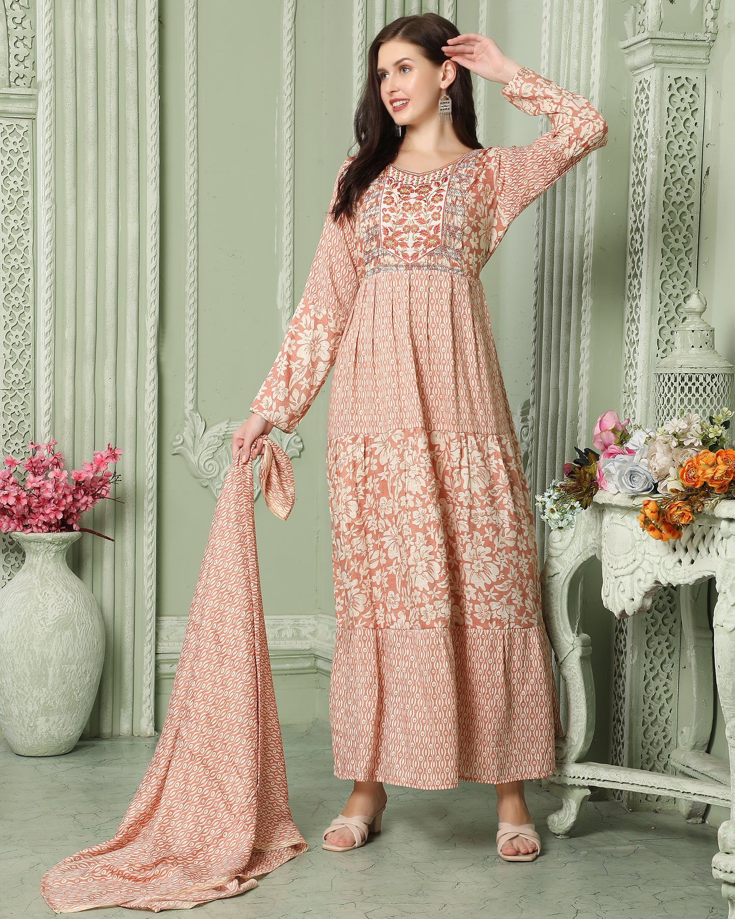 Designer-wear Flaired Farasha Dress With Block Pattern And Embroidery