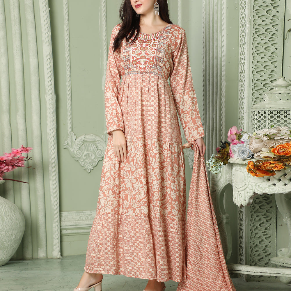 Designer-wear Flaired Farasha Dress With Block Pattern And Embroidery