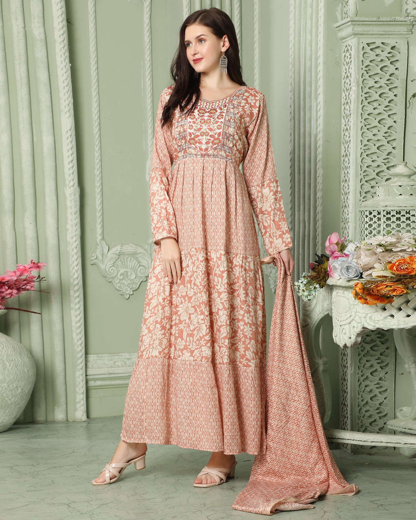 Designer-wear Flaired Farasha Dress With Block Pattern And Embroidery