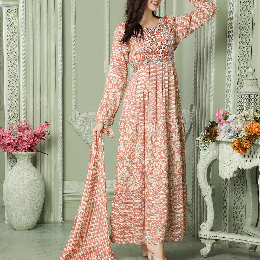 
                  
                    Designer-wear Flaired Farasha Dress With Block Pattern And Embroidery
                  
                
