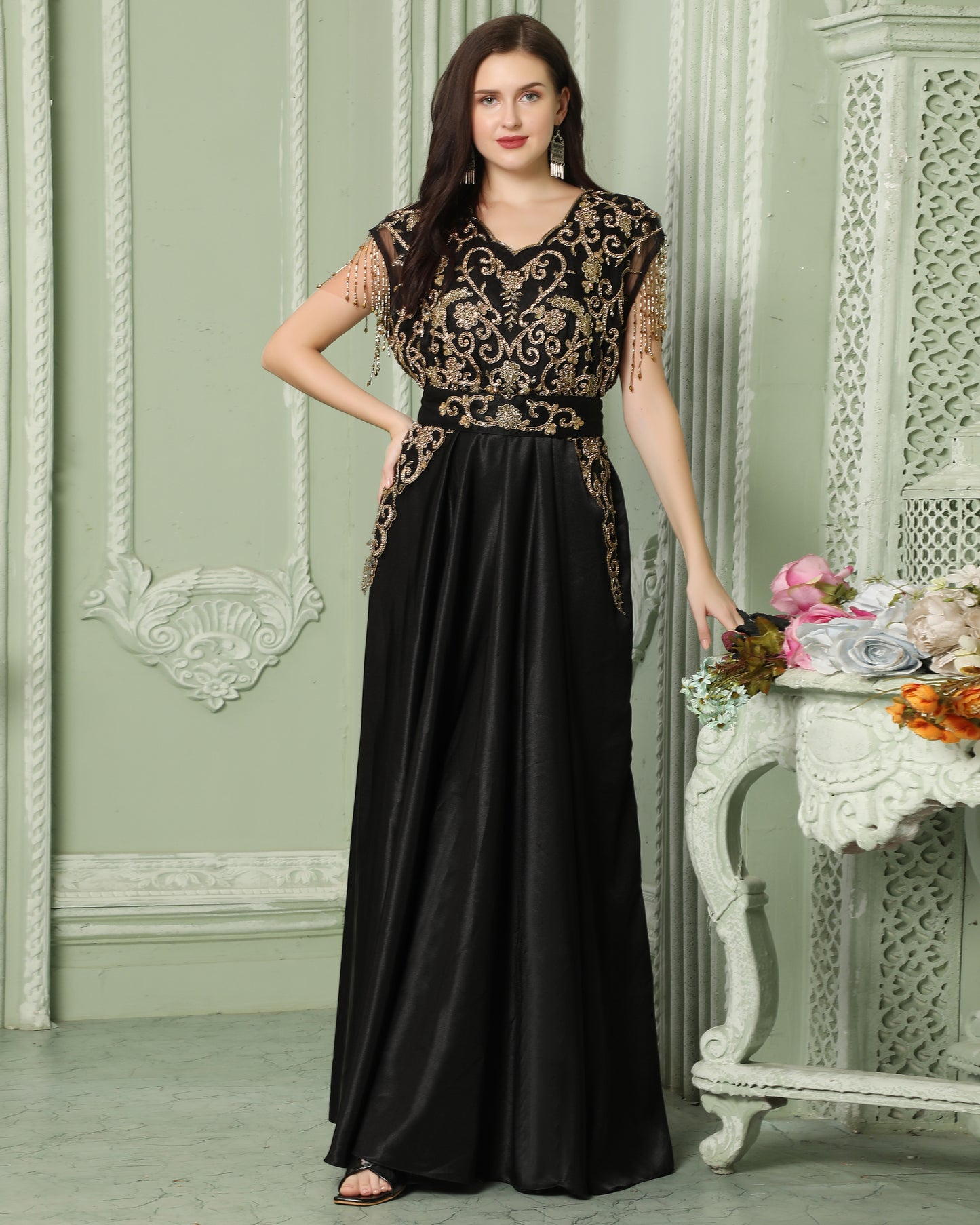 Designer Sleeve-less Jalabiya Caftan With Intricate Gold Embroidery