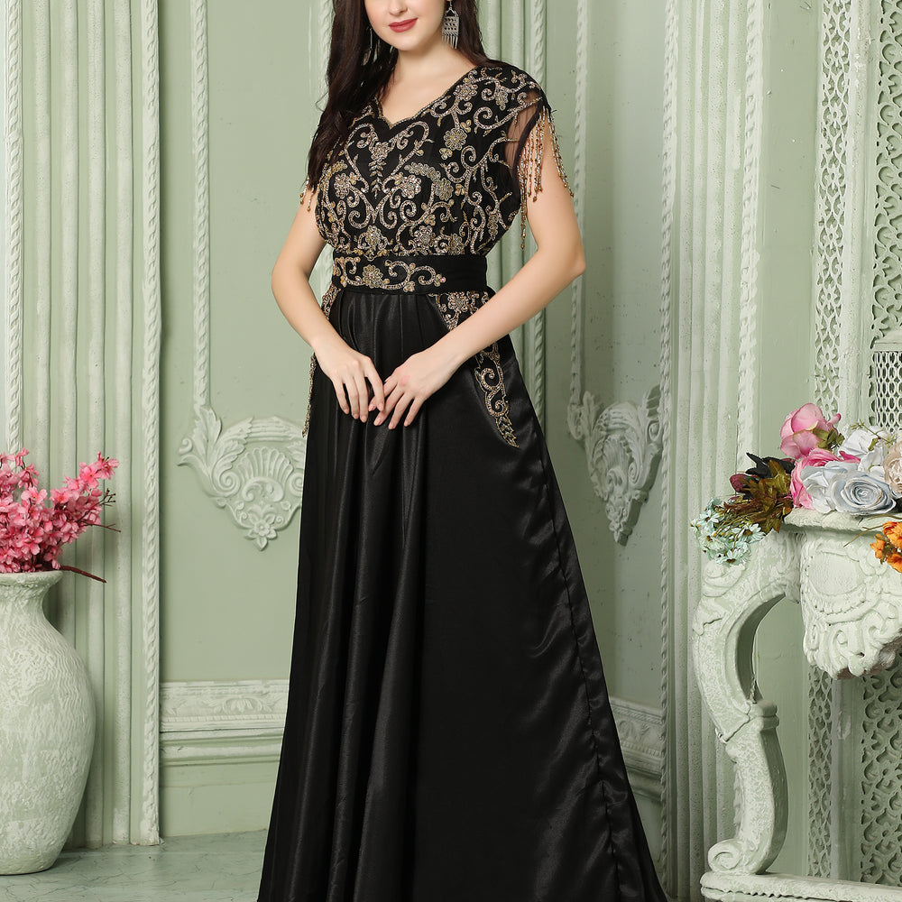 Designer Sleeve-less Jalabiya Caftan With Intricate Gold Embroidery