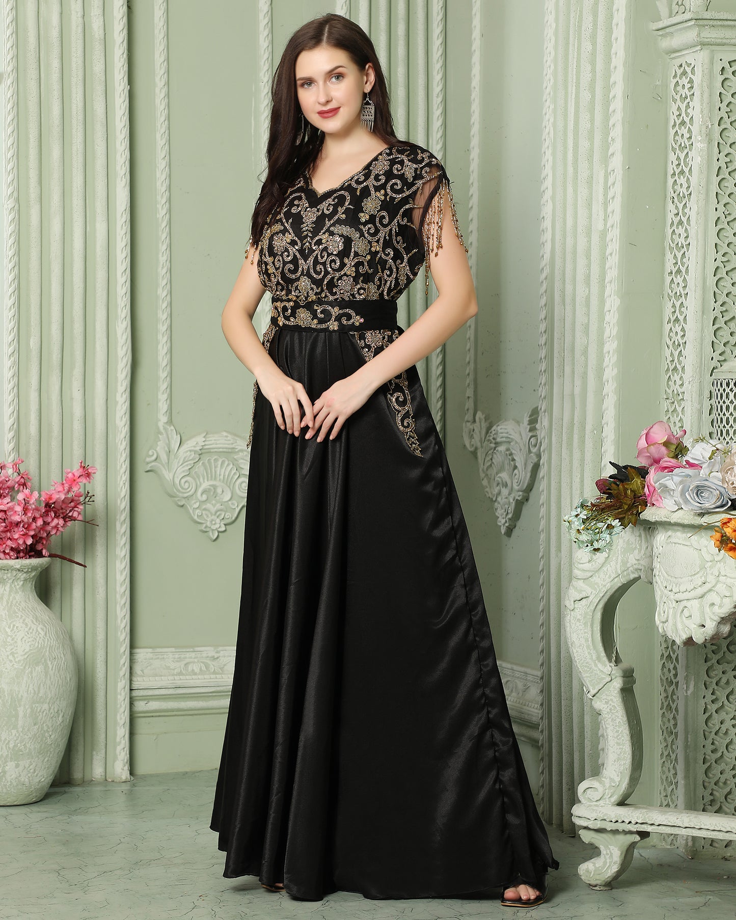 Designer Sleeve-less Jalabiya Caftan With Intricate Gold Embroidery