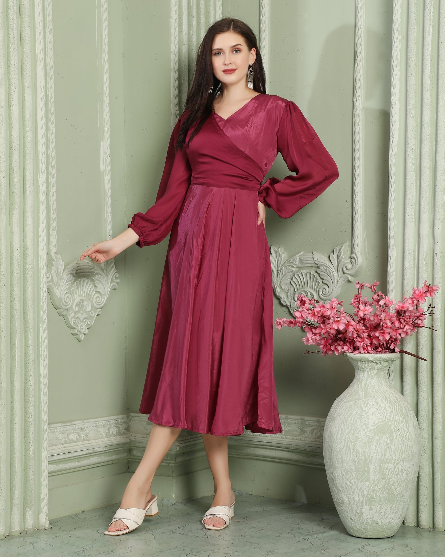 Pink Satin Classic Partywear Body Cut Dress