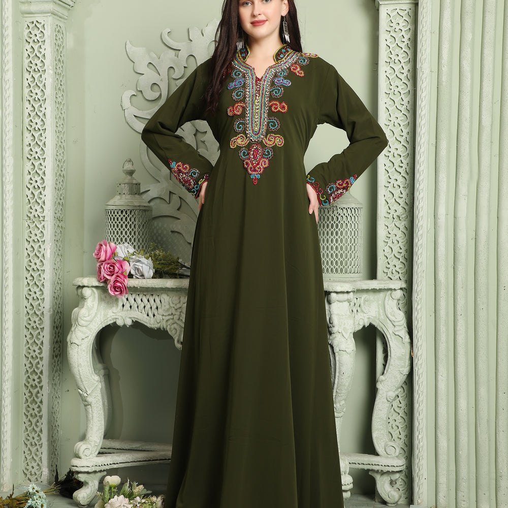 Designer Smotth Lazer Kaftan with Multicolored Embellished Sleeves