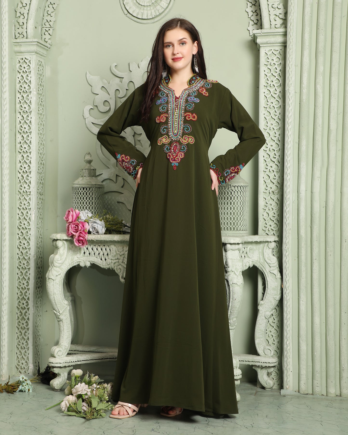 Designer Smotth Lazer Kaftan with Multicolored Embellished Sleeves