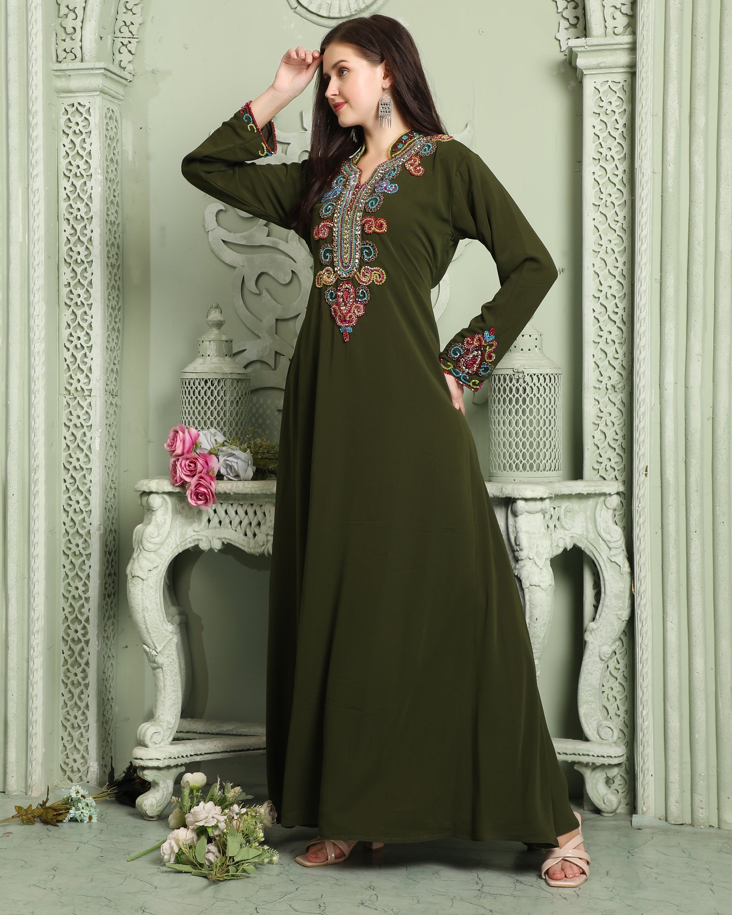 Designer Smotth Lazer Kaftan with Multicolored Embellished Sleeves