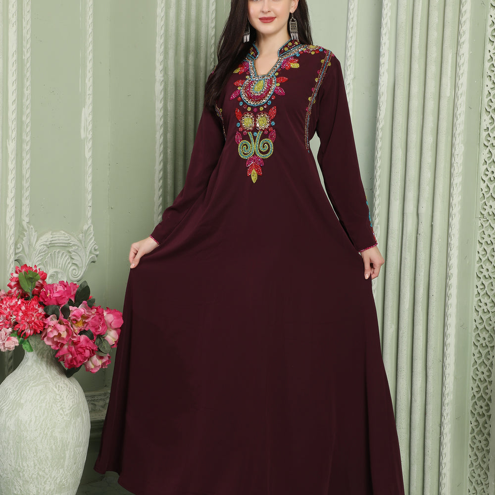 Designer-wear Velvet Kaftan with Multicolor Embroidered Sleeves
