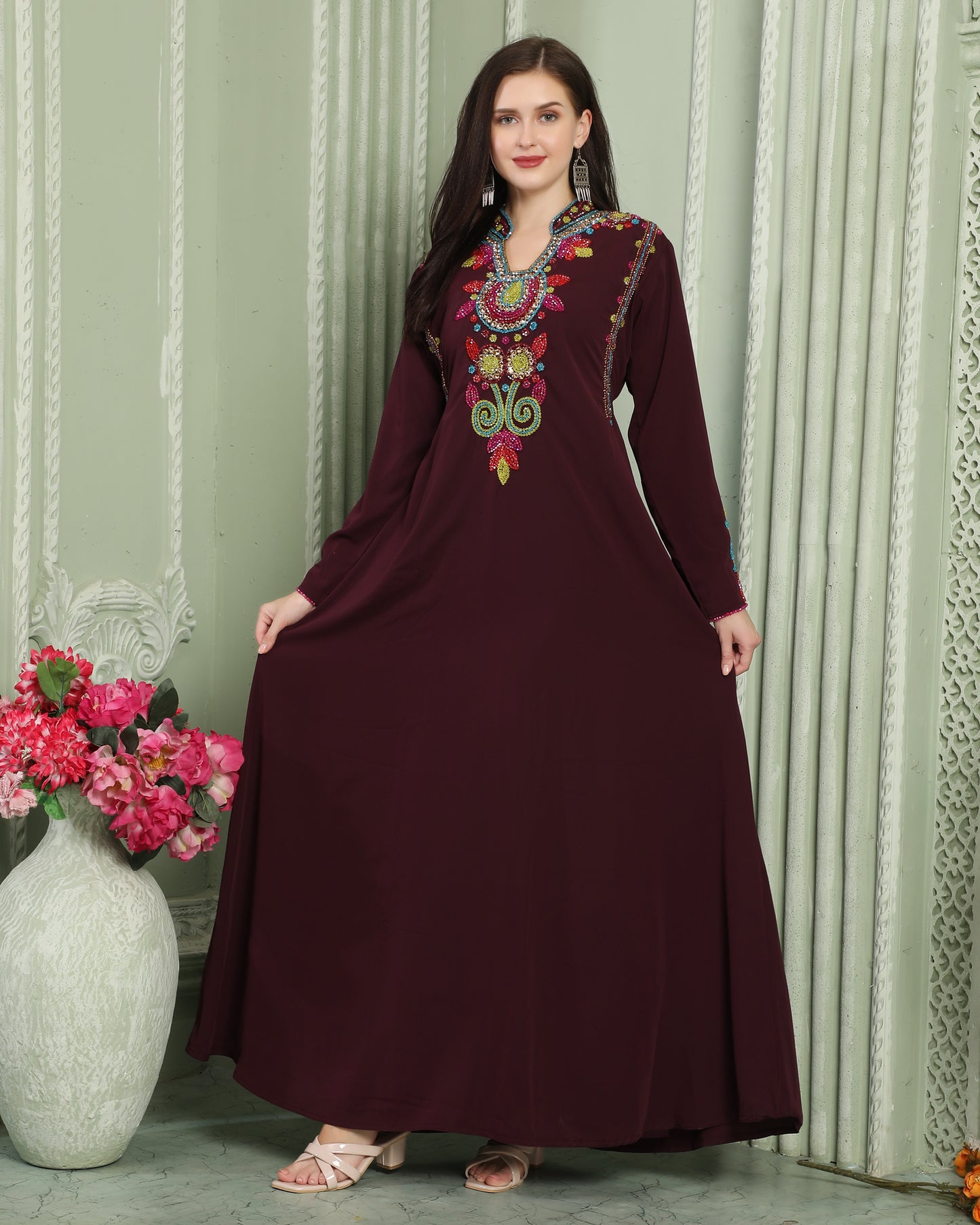 Designer-wear Velvet Kaftan with Multicolor Embroidered Sleeves