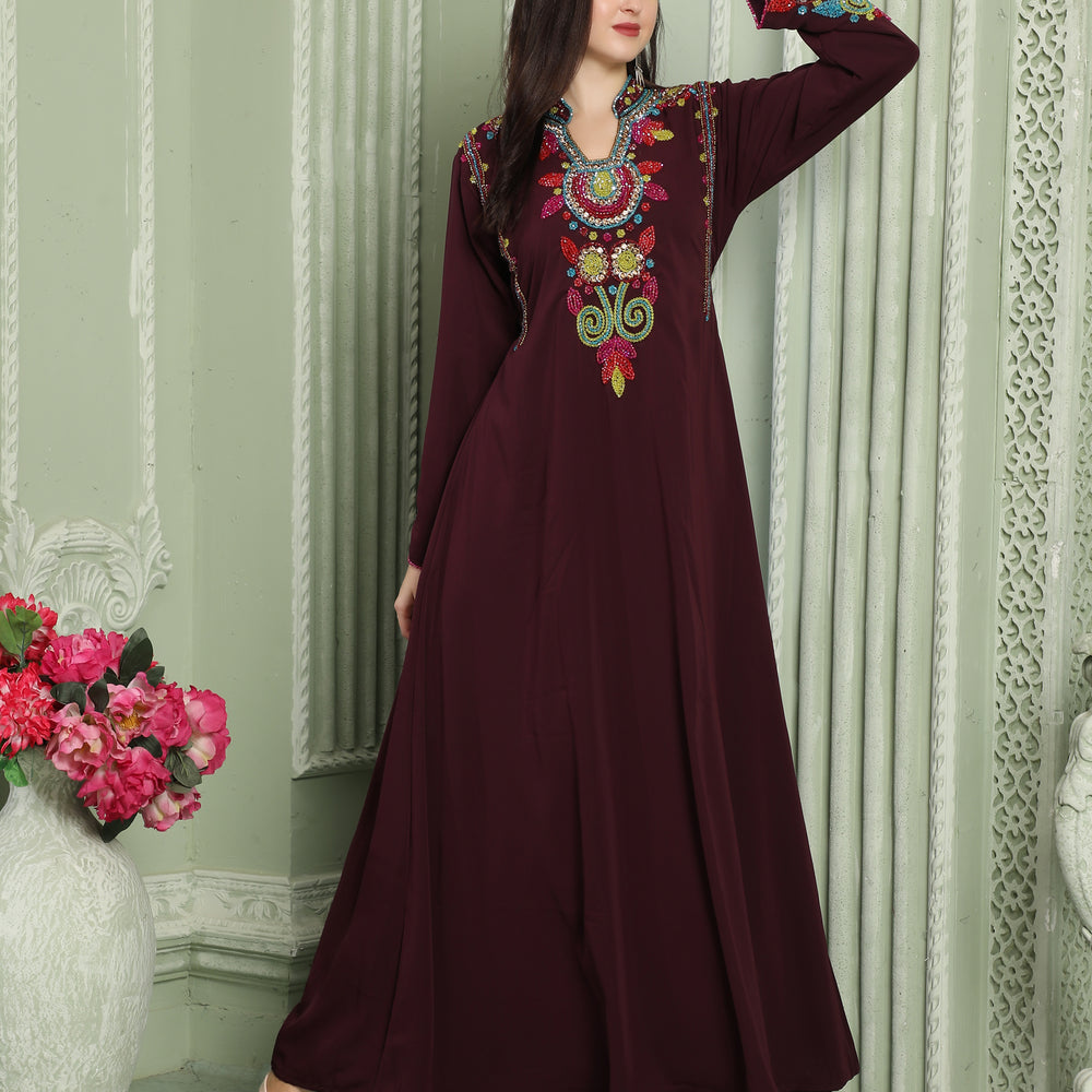 Designer-wear Velvet Kaftan with Multicolor Embroidered Sleeves