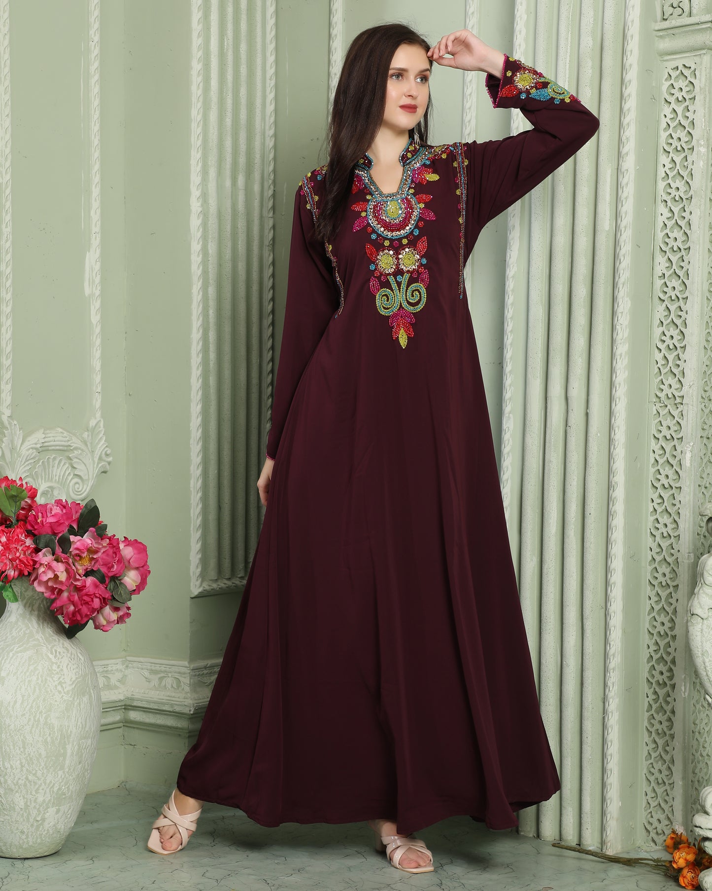 Designer-wear Velvet Kaftan with Multicolor Embroidered Sleeves