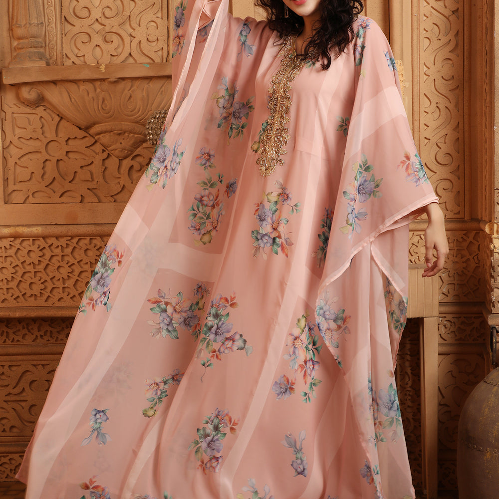 
                  
                    Peach Digital Print Kaftan Henna Party Dress with Crystals
                  
                