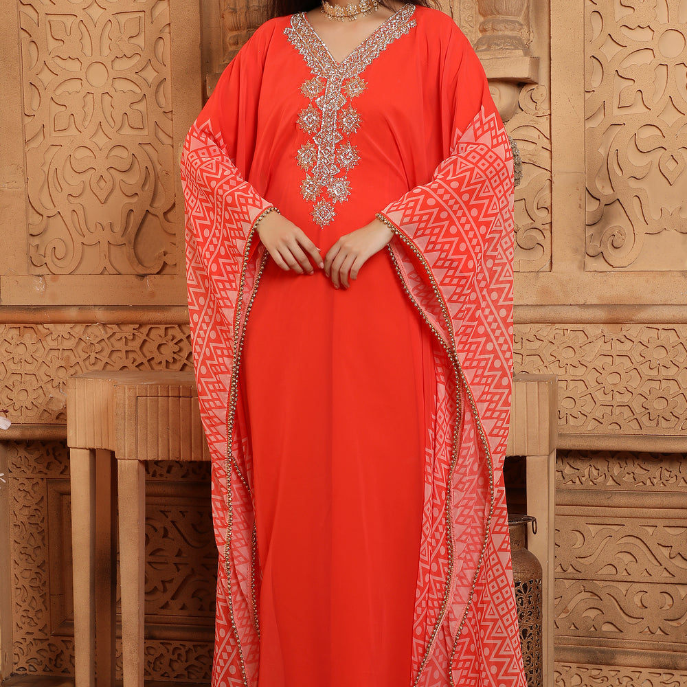 Hand Embroidered Georgette Prinited Farasha Kaftan in Red