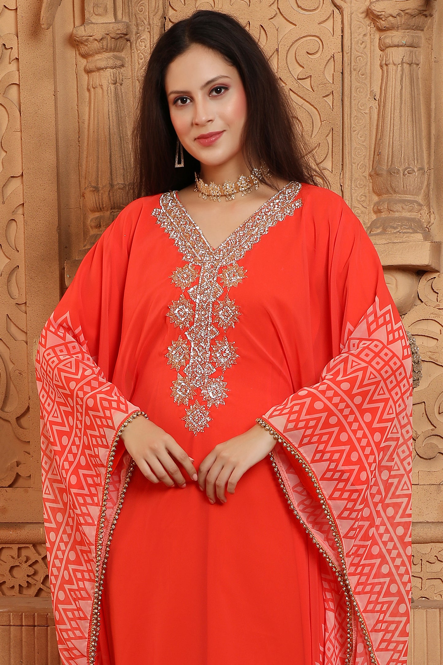 Hand Embroidered Georgette Prinited Farasha Kaftan in Red