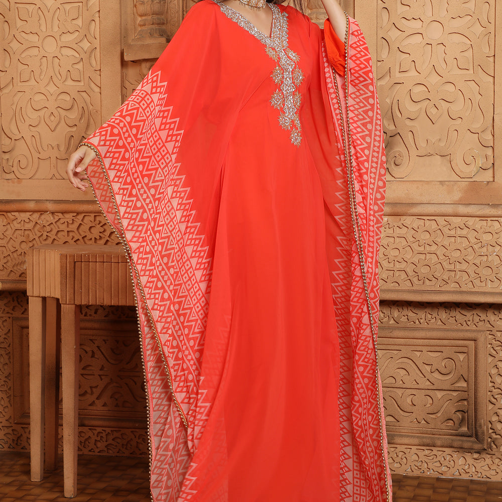 
                  
                    Hand Embroidered Georgette Prinited Farasha Kaftan in Red
                  
                