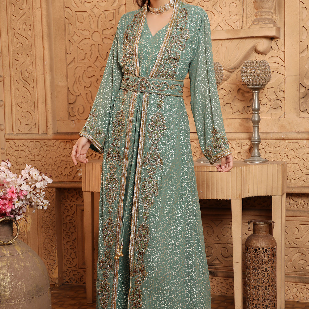 
                  
                    Women's Ethnic Embroidery Abaya Light Green Dress
                  
                