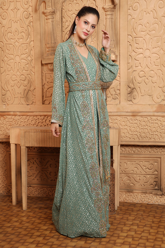 Women's Ethnic Embroidery Abaya Light Green Dress